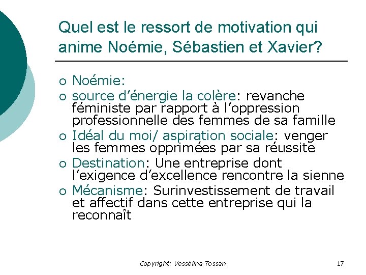 Quel est le ressort de motivation qui anime Noémie, Sébastien et Xavier? ¡ ¡
