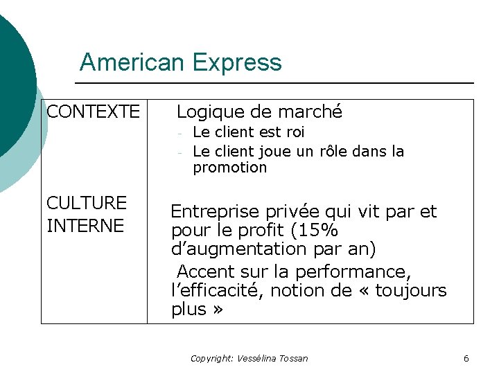 American Express CONTEXTE Logique de marché - CULTURE INTERNE Le client est roi Le