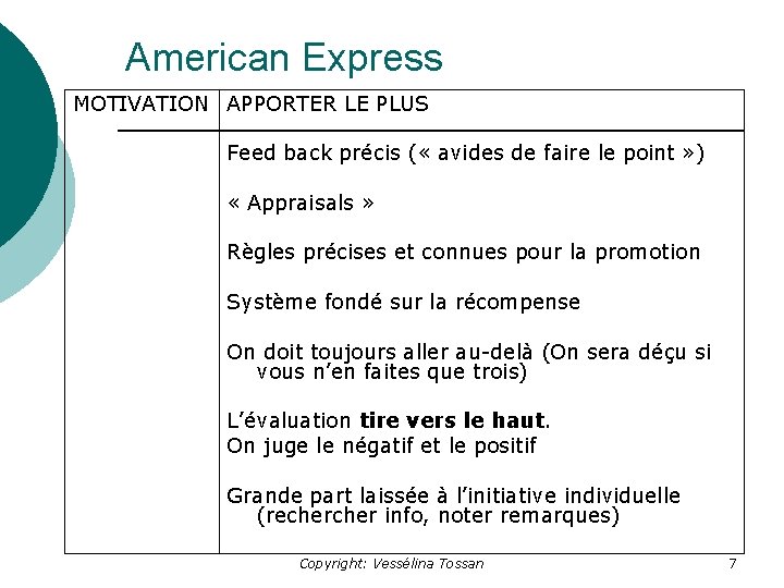 American Express MOTIVATION APPORTER LE PLUS Feed back précis ( « avides de faire