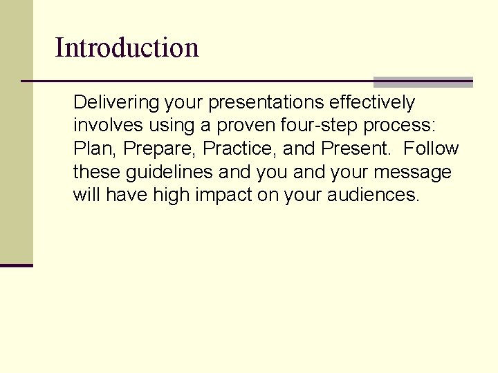 Introduction Delivering your presentations effectively involves using a proven four-step process: Plan, Prepare, Practice,