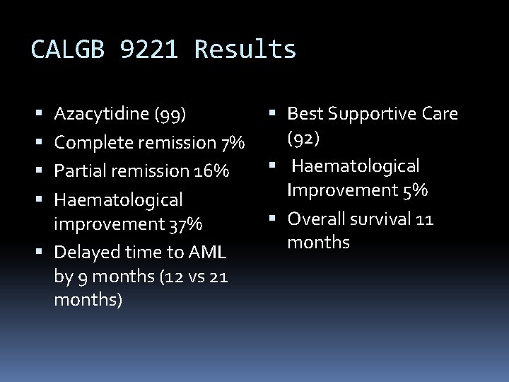 CALGB 9221 Results Azacytidine (99) Complete remission 7% Partial remission 16% Haematological improvement 37%
