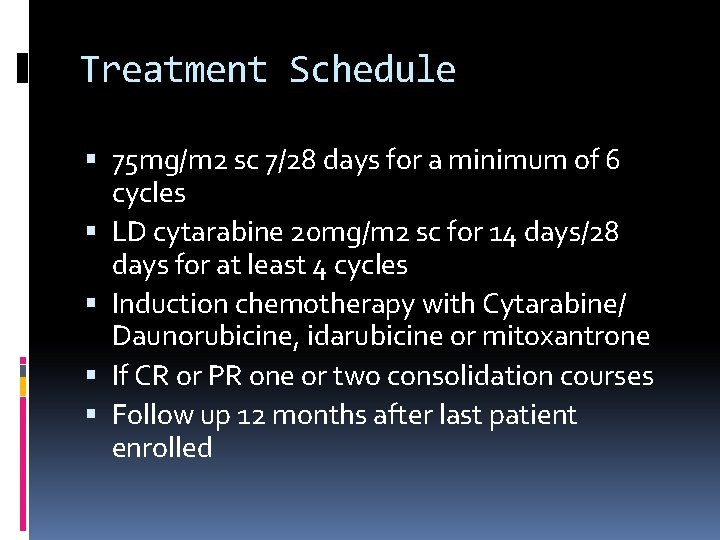 Treatment Schedule 75 mg/m 2 sc 7/28 days for a minimum of 6 cycles
