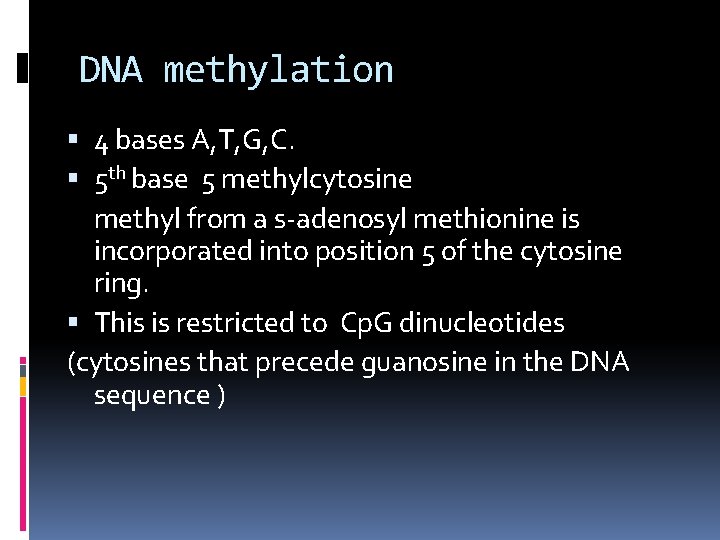 DNA methylation 4 bases A, T, G, C. 5 th base 5 methylcytosine methyl