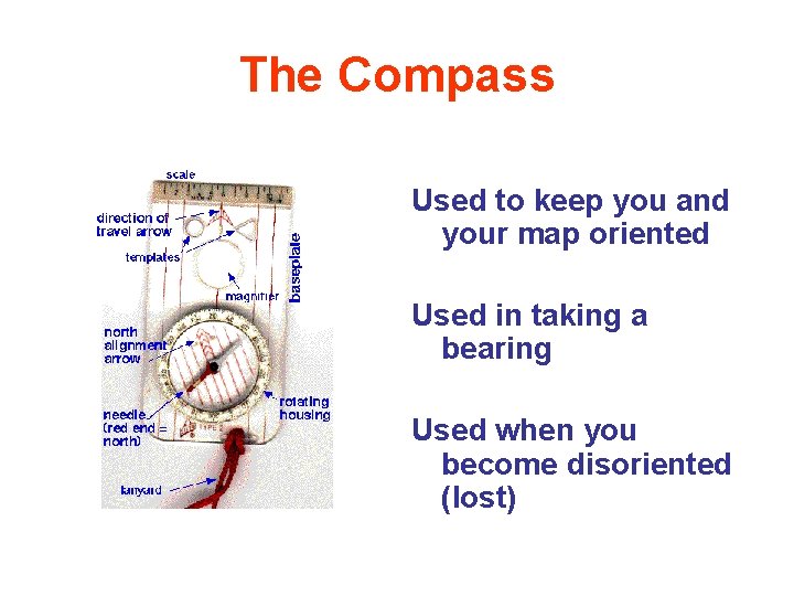 The Compass Used to keep you and your map oriented Used in taking a The Compass Used to keep you and your map oriented Used in taking a