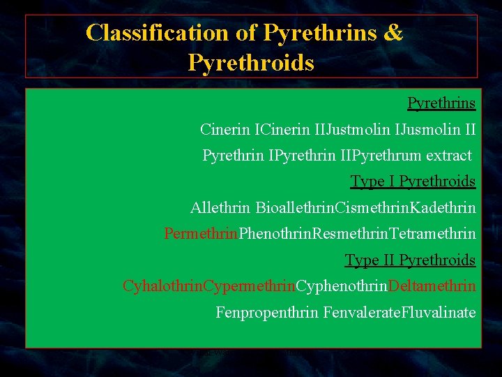 Classification of Pyrethrins & Pyrethroids Pyrethrins Cinerin IIJustmolin IJusmolin II Pyrethrin IIPyrethrum extract Type