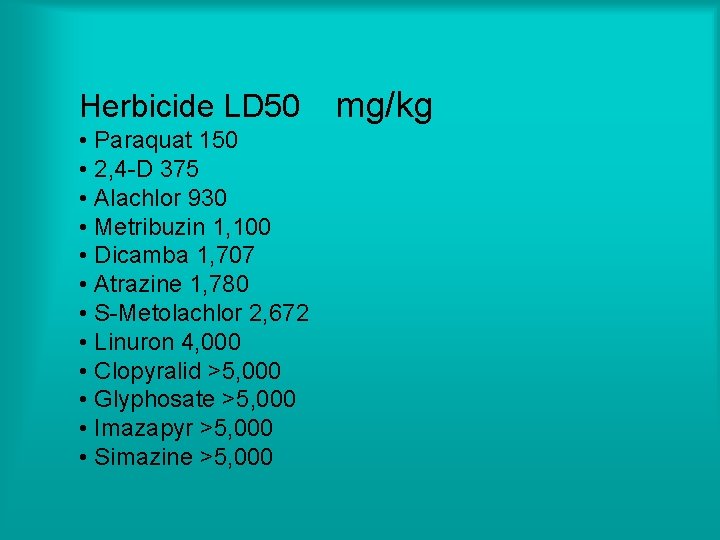 Herbicide LD 50 • Paraquat 150 • 2, 4 -D 375 • Alachlor 930