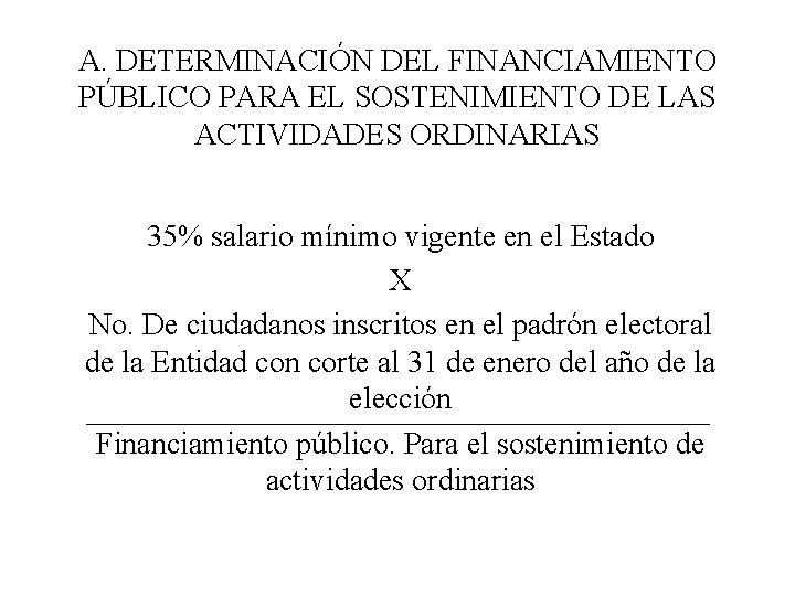 A. DETERMINACIÓN DEL FINANCIAMIENTO PÚBLICO PARA EL SOSTENIMIENTO DE LAS ACTIVIDADES ORDINARIAS 35% salario