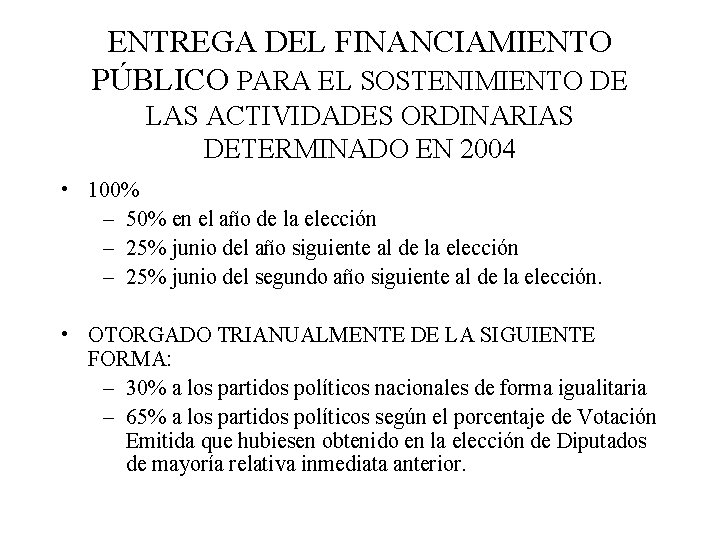 ENTREGA DEL FINANCIAMIENTO PÚBLICO PARA EL SOSTENIMIENTO DE LAS ACTIVIDADES ORDINARIAS DETERMINADO EN 2004