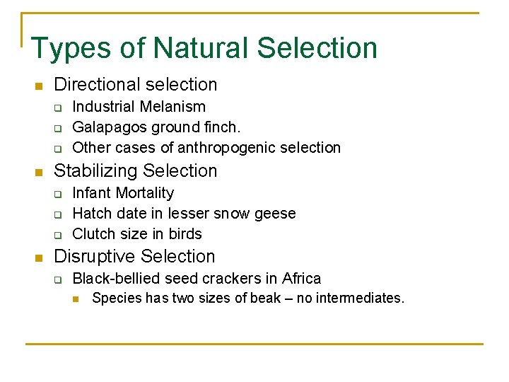 Types of Natural Selection n Directional selection q q q n Stabilizing Selection q