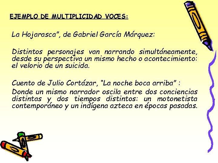 EJEMPLO DE MULTIPLICIDAD VOCES: La Hojarasca”, de Gabriel García Márquez: Distintos personajes van narrando