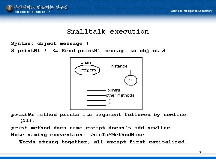 Smalltalk execution Syntax: object message ! 3 print. Nl ! Send print. Nl message