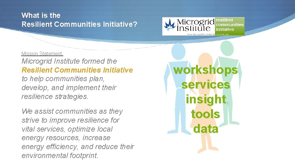 What is the Resilient Communities Initiative? Mission Statement: Microgrid Institute formed the Resilient Communities