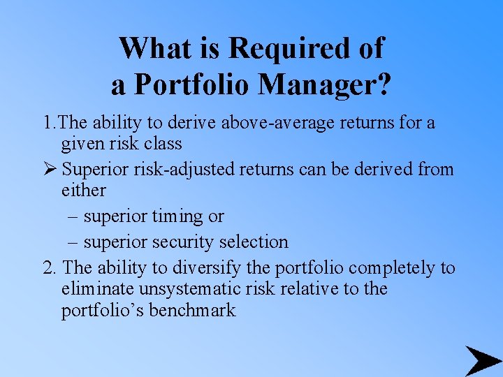 What is Required of a Portfolio Manager? 1. The ability to derive above-average returns