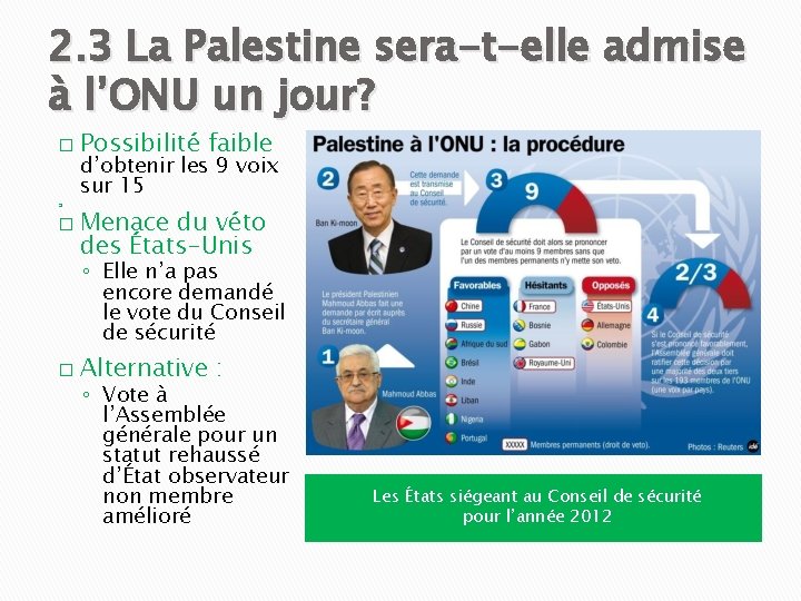 2. 3 La Palestine sera-t-elle admise à l’ONU un jour? � � � Possibilité