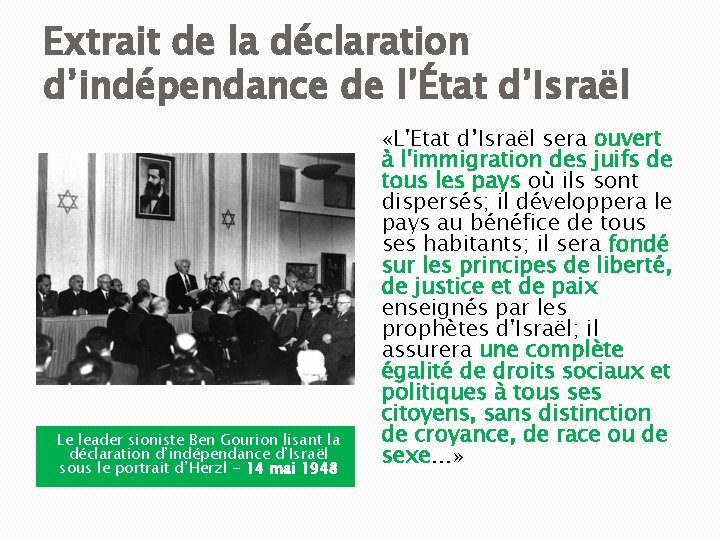 Extrait de la déclaration d’indépendance de l’État d’Israël Le leader sioniste Ben Gourion lisant