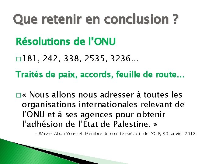 Que retenir en conclusion ? Résolutions de l’ONU � 181, 242, 338, 2535, 3236…