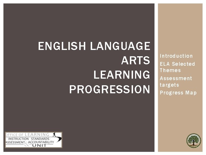 ENGLISH LANGUAGE ARTS LEARNING PROGRESSION Introduction ELA Selected Themes Assessment targets Progress Map 