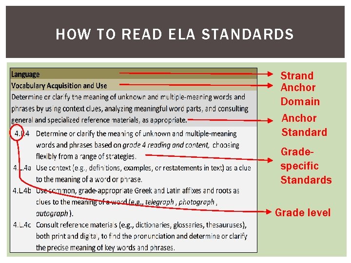 HOW TO READ ELA STANDARDS Strand Anchor Domain Anchor Standard Gradespecific Standards Grade level