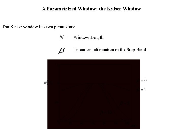A Parametrized Window: the Kaiser Window The Kaiser window has two parameters: Window Length
