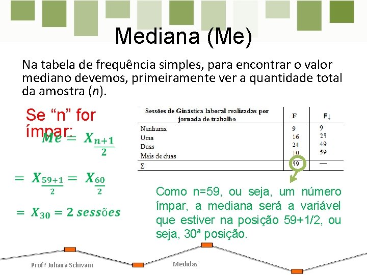 Mediana (Me) Na tabela de frequência simples, para encontrar o valor mediano devemos, primeiramente Mediana (Me) Na tabela de frequência simples, para encontrar o valor mediano devemos, primeiramente