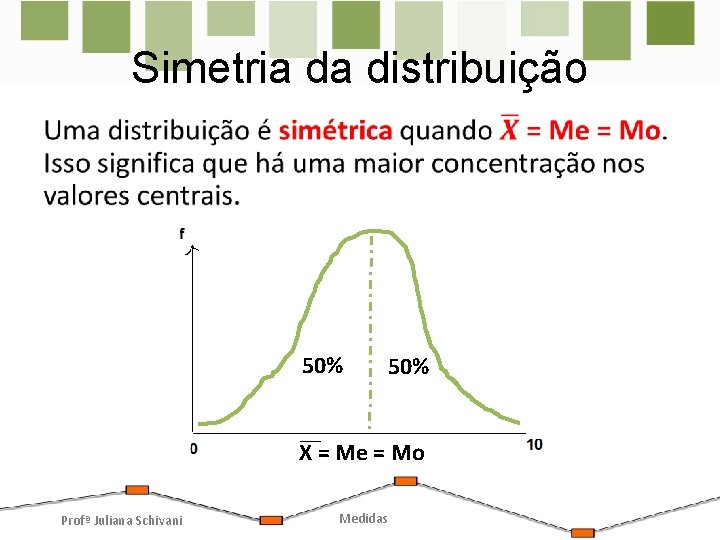 Simetria da distribuição • 50% X = Me = Mo Profª Juliana Schivani Medidas Simetria da distribuição • 50% X = Me = Mo Profª Juliana Schivani Medidas