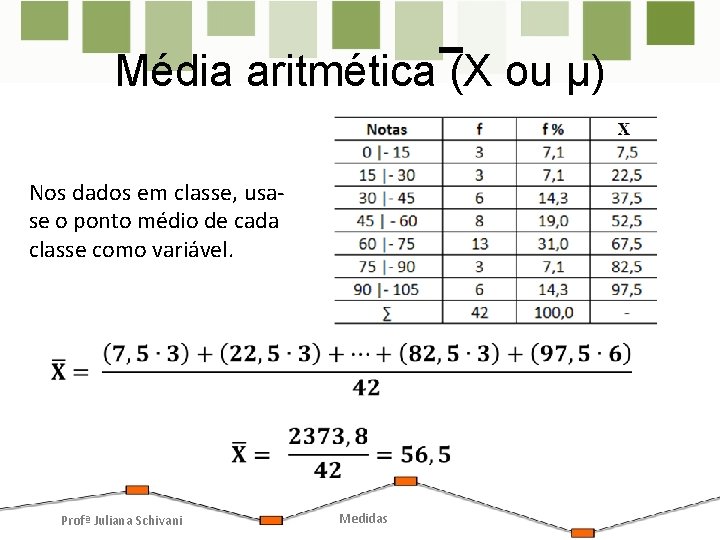 Média aritmética (X ou µ) Nos dados em classe, usase o ponto médio de Média aritmética (X ou µ) Nos dados em classe, usase o ponto médio de