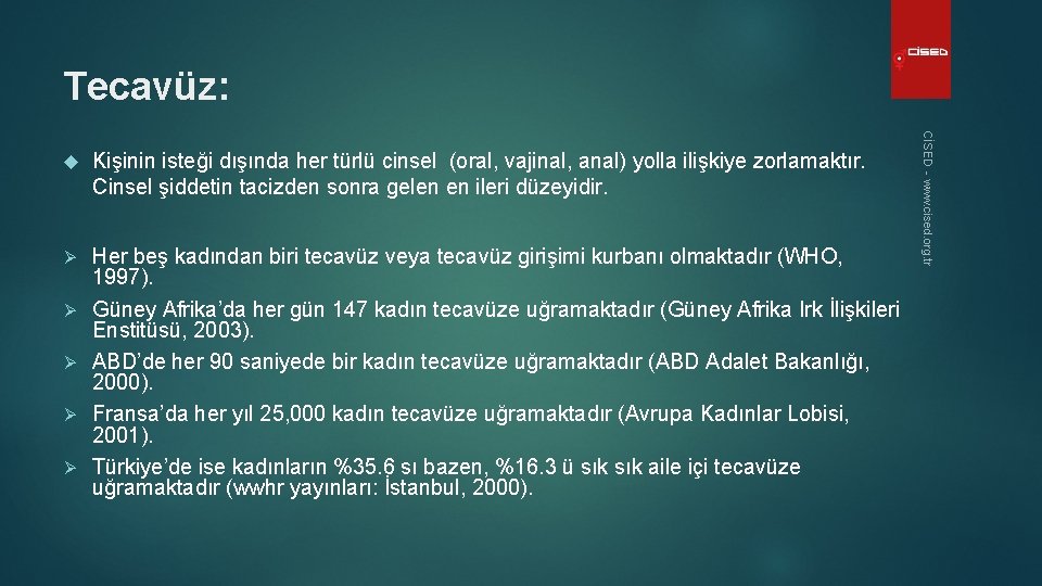 Tecavüz: Kişinin isteği dışında her türlü cinsel (oral, vajinal, anal) yolla ilişkiye zorlamaktır. Cinsel