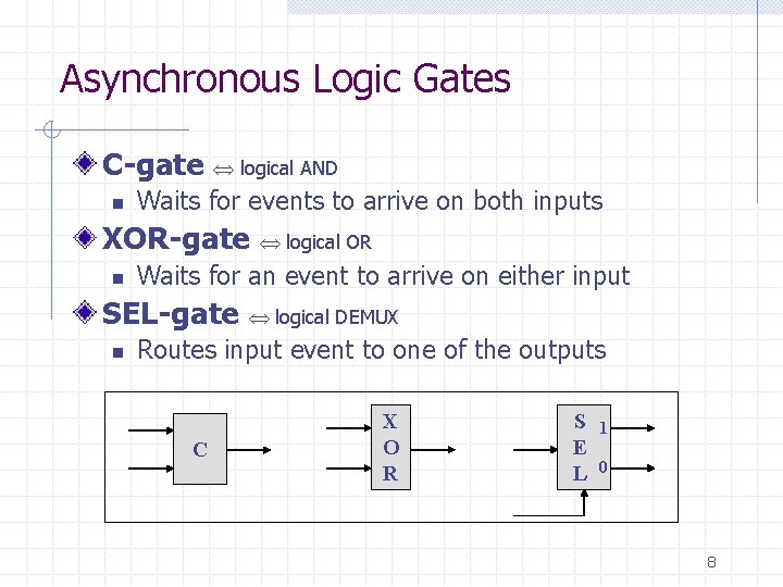 Asynchronous Logic Gates C-gate n logical AND Waits for events to arrive on both