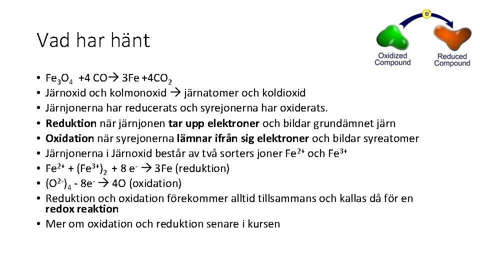 Vad har hänt Fe 3 O 4 +4 CO 3 Fe +4 CO 2