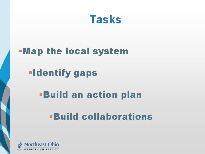 Tasks §Map the local system §Identify gaps §Build an action plan §Build collaborations 