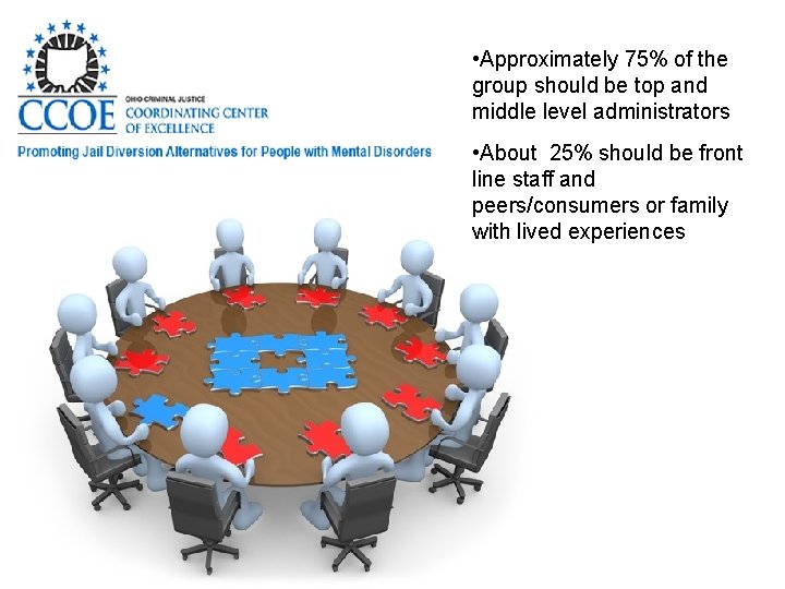  • Approximately 75% of the group should be top and middle level administrators