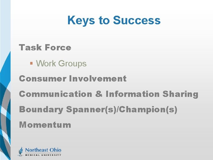 Keys to Success Task Force § Work Groups Consumer Involvement Communication & Information Sharing