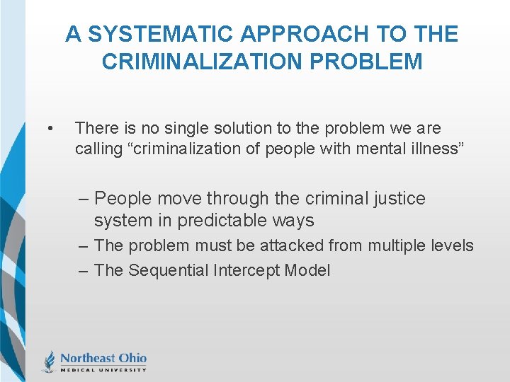 A SYSTEMATIC APPROACH TO THE CRIMINALIZATION PROBLEM • There is no single solution to