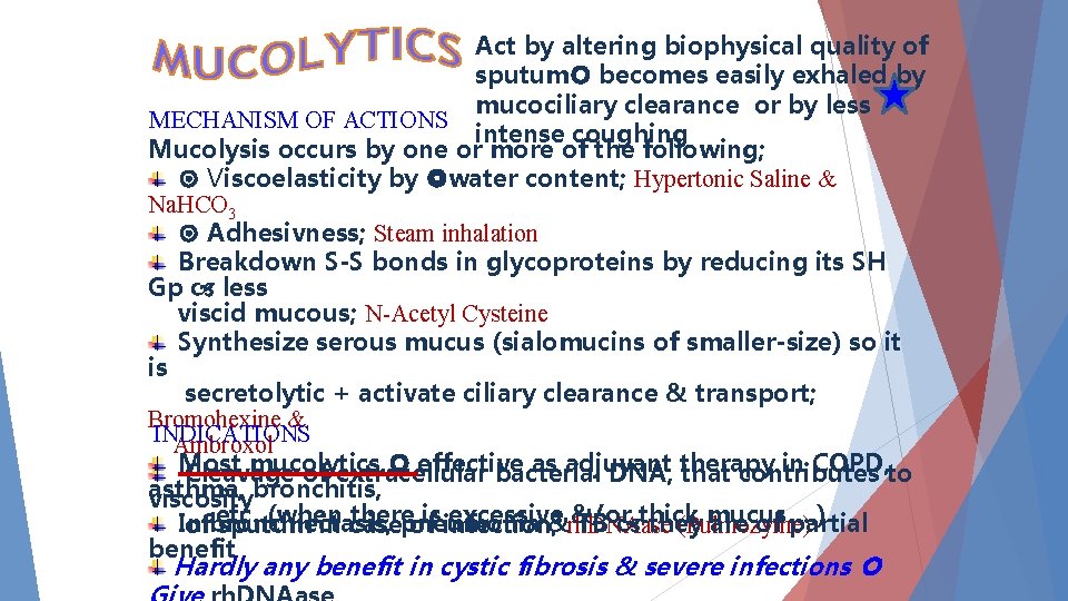 Act by altering biophysical quality of sputum becomes easily exhaled by mucociliary clearance or
