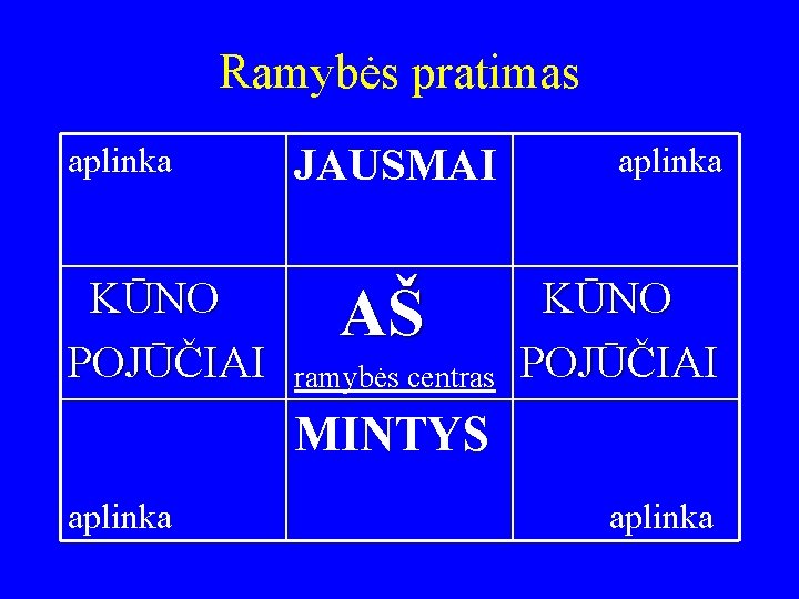 Ramybės pratimas aplinka KŪNO POJŪČIAI JAUSMAI AŠ ramybės centras aplinka KŪNO POJŪČIAI MINTYS aplinka