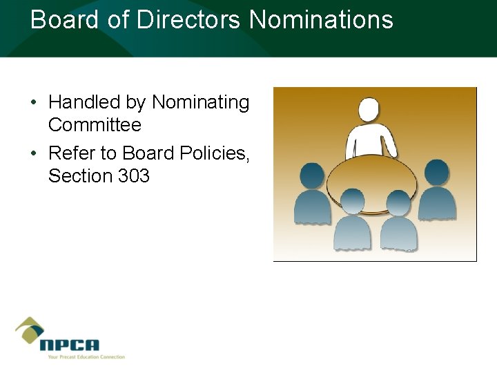 Board of Directors Nominations • Handled by Nominating Committee • Refer to Board Policies,
