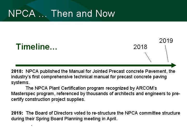 NPCA … Then and Now Timeline… 2018 2019 2018: NPCA published the Manual for