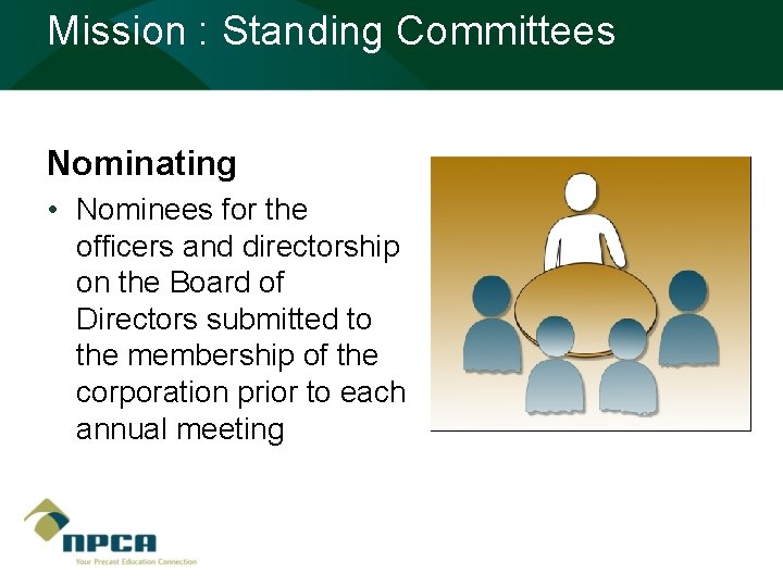 Mission : Standing Committees Nominating • Nominees for the officers and directorship on the