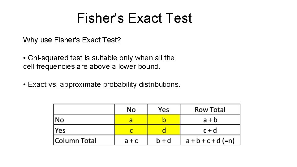 Fisher's Exact Test Why use Fisher's Exact Test? • Chi-squared test is suitable only