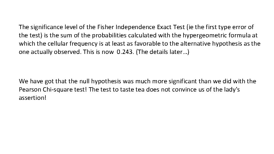 The significance level of the Fisher Independence Exact Test (ie the first type error