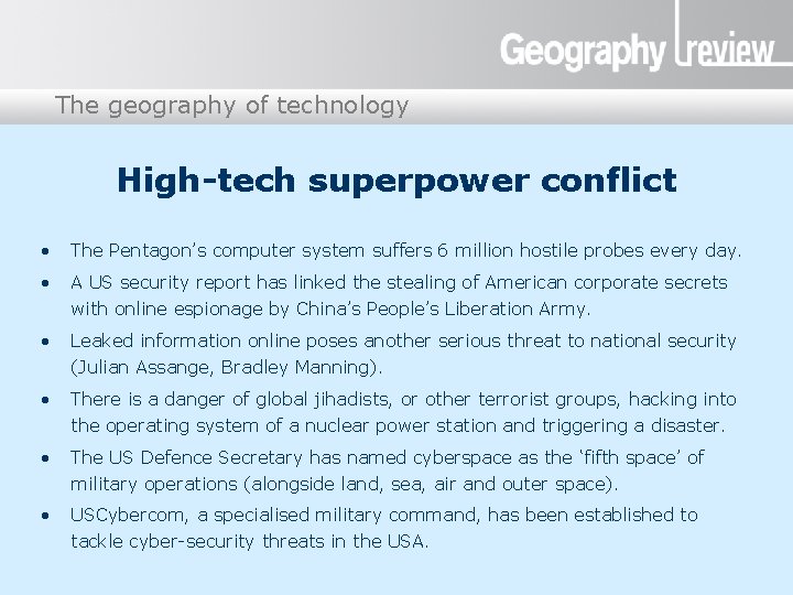 The geography of technology Presentation title High-tech superpower conflict • The Pentagon’s computer system The geography of technology Presentation title High-tech superpower conflict • The Pentagon’s computer system