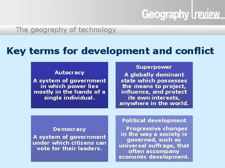 The geography of technology Presentation title Key terms for development and conflict Autocracy A The geography of technology Presentation title Key terms for development and conflict Autocracy A