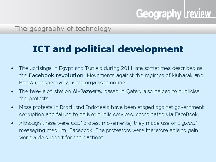 The geography of technology Presentation title ICT and political development • The uprisings in The geography of technology Presentation title ICT and political development • The uprisings in