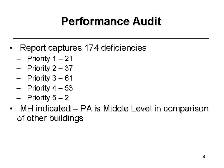 Performance Audit • Report captures 174 deficiencies – – – Priority 1 – 21