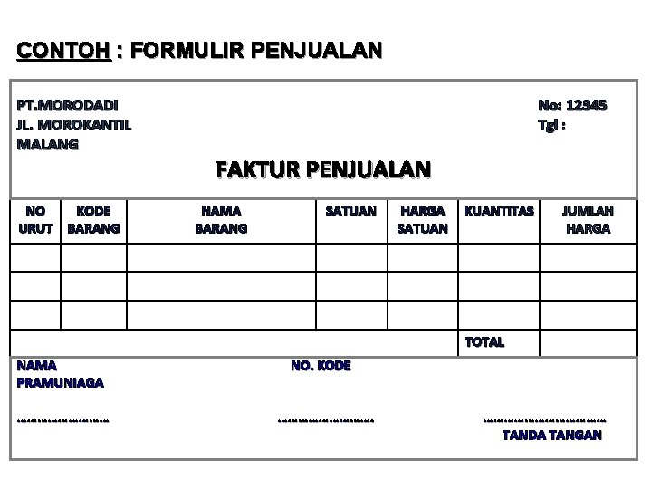 CONTOH : FORMULIR PENJUALAN PT. MORODADI JL. MOROKANTIL MALANG NO KODE URUT BARANG No: