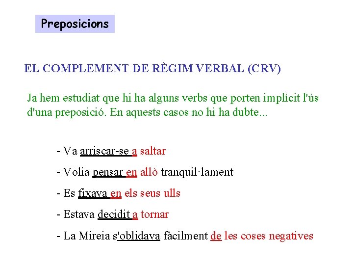 Preposicions EL COMPLEMENT DE RÈGIM VERBAL (CRV) Ja hem estudiat que hi ha alguns