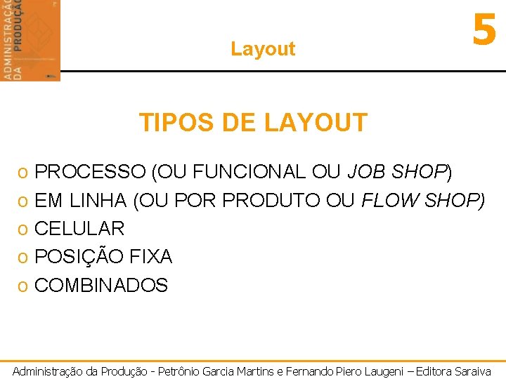 Layout 5 TIPOS DE LAYOUT o PROCESSO (OU FUNCIONAL OU JOB SHOP) o EM