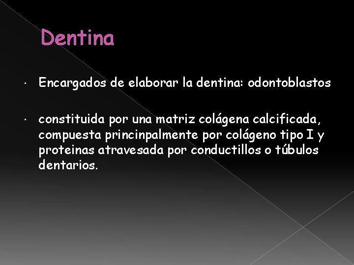 Dentina Encargados de elaborar la dentina: odontoblastos constituida por una matriz colágena calcificada, compuesta Dentina Encargados de elaborar la dentina: odontoblastos constituida por una matriz colágena calcificada, compuesta