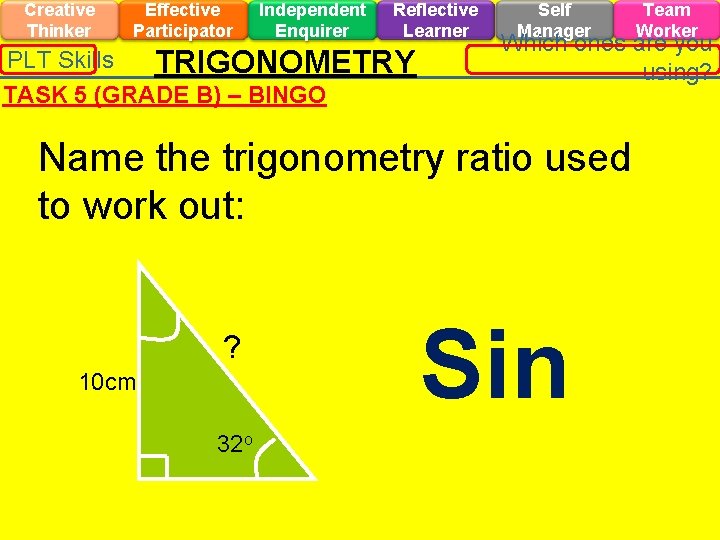 Creative Thinker Effective Participator Independent Enquirer Reflective Learner PLT Skills TRIGONOMETRY TASK 5 (GRADE