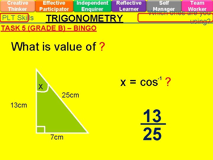 Creative Thinker Effective Participator Independent Enquirer Reflective Learner PLT Skills TRIGONOMETRY TASK 5 (GRADE